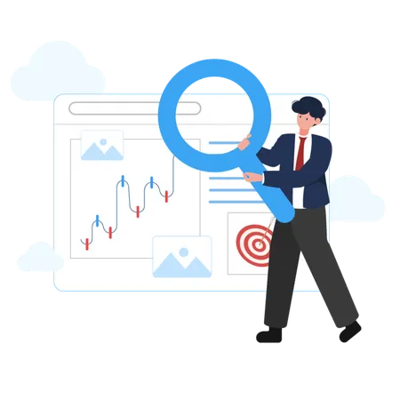 Vector Illustration Of A Businessman Holding A Magnifying Glass Analyzing Charts And Graphs Ideal For Data Analysis Market Research And Business Intelligence Visuals Illustration