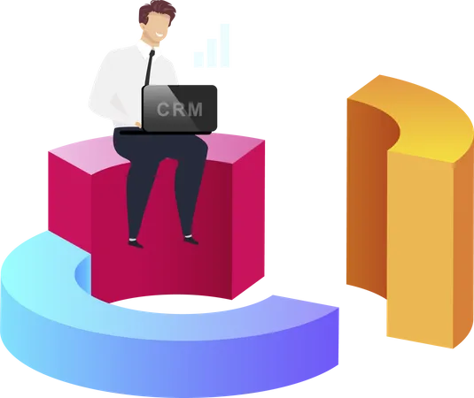 Improved Analytical Data Flat Concept Vector Illustration Smiling Man Sitting On Diagram 2 D Cartoon Character For Web Design Businessman Keeps Laptop Customer Relationship Management Creative Idea イラスト
