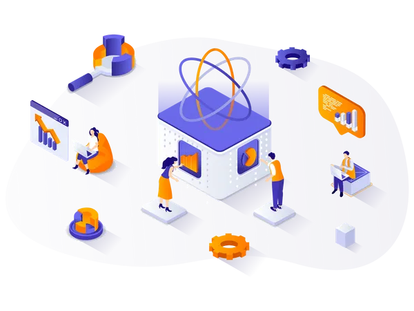 Data Science Isometric Web Concept People Working With Datum On Database Analyze Data And Financial Statistics Process Information Scene Vector Illustration For Website Template In 3 D Design Illustration