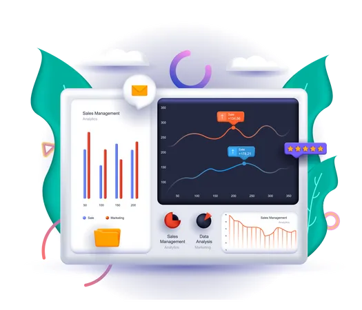 Data Analysis Concept 3 D Illustration Icon Composition With Dashboard With Graphs And Charts Studying Statistics And Working With Information On Screen Vector Illustration For Modern Web Design Illustration