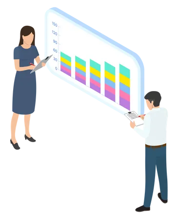 Woman And Man Interacting With Diagrams And Analyzing Statistics Information On Smartphone Screen People Make Notes From Charts And Digital Indicators Data Visualization Business Statistics Concept Illustration