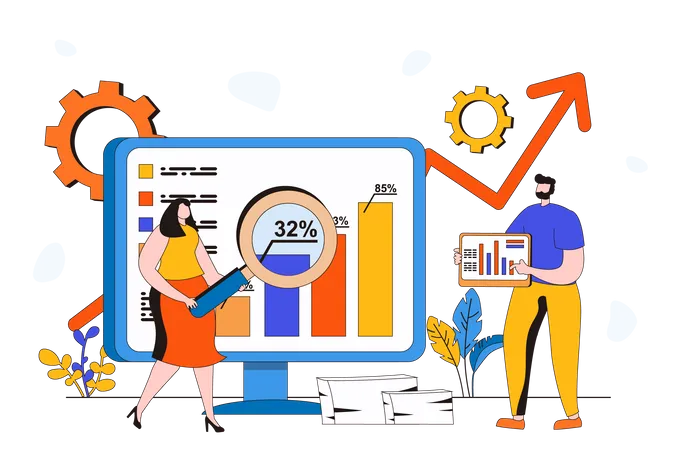 Data Analysis Web Concept In Flat 2 D Design Man And Woman Doing Marketing Research Or Financial Report Working With Databases And Charts Working On Dashboard Vector Illustration With People Scene Illustration