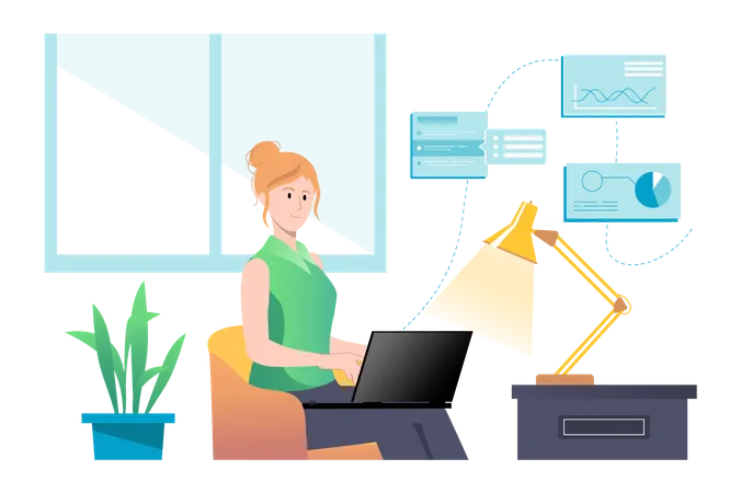 Data Analysis Concept With People Scene In Flat Cartoon Design Woman In The Office Works On Analyzing Data That Her Colleagues Provide Electronically Vector Illustration Illustration
