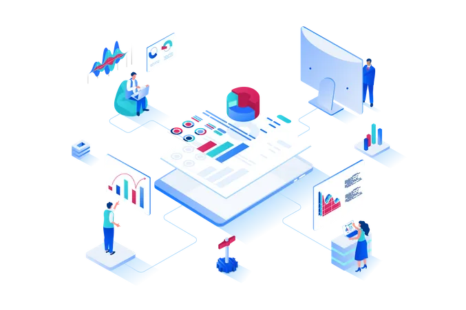 Data Analysis 3 D Isometric Web Design People Work With Charts Diagrams And Graphs Make Financial Reports For Company And Business Accounting Auditing And Analytics Vector Web Illustration Illustration