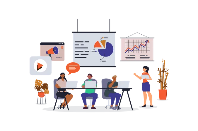 Marketing Research Concept With Character Scene For Web Women And Men Analysing Market Trends And Data To Launch Product People Situation In Flat Design Vector Illustration For Marketing Material Illustration