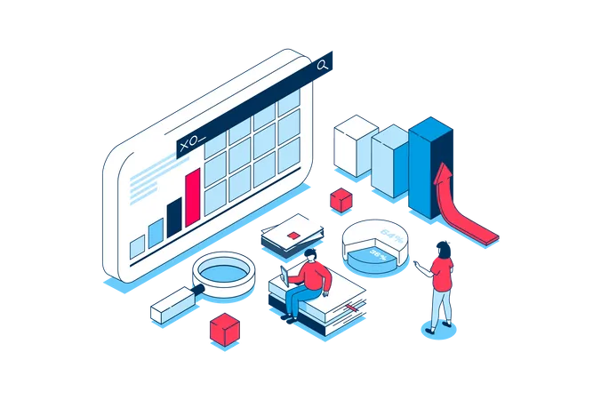 Data Analysis Concept In 3 D Isometric Design People Analyzing Graphs On Dashboard And Business Reports Working With Financial Information Vector Illustration With Isometry Scene For Web Graphic Illustration