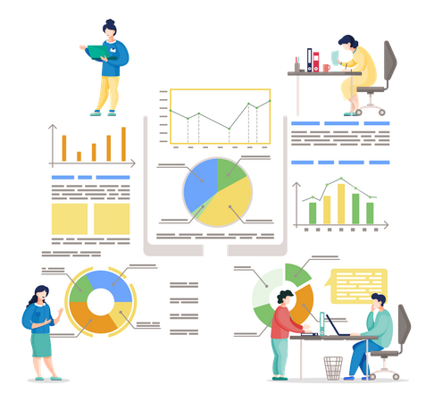 Data analysis of busy people in office  Illustration