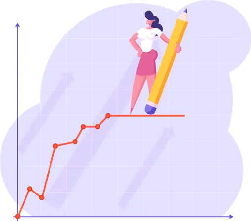 Young Business Woman With Huge Pencil In Hand Stand On Top Of Financial Growth Chart Line Businesswoman Presentation Data Analysis Financial Profit Statistic Diagram Cartoon Flat Vector Illustration Illustration