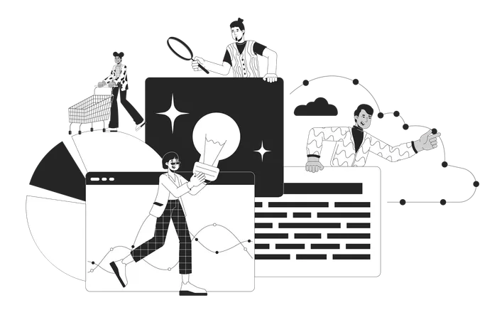 Data Analysis Team Black And White 2 D Illustration Concept Web Analysts People Multicultural Cartoon Outline Characters Isolated On White Marketing Analytics Commerce Metaphor Monochrome Vector Art Illustration