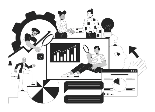 Data Analytics Service Black And White 2 D Illustration Concept Professional Marketers Studying Statistics Cartoon Outline Characters Isolated On White Business Metaphor Monochrome Vector Art Illustration