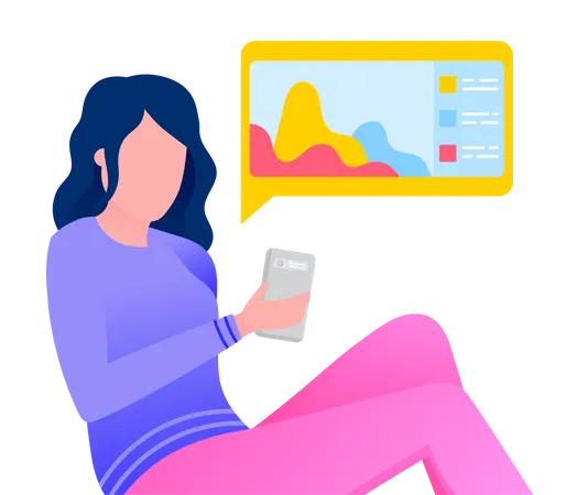 Female Searching Browsing In Smartphone Distance Education Data Analyse On Screen Diagrams And Charts Vector Illustration Woman Learning Online Researching Info In Phone And Communicating Online Illustration