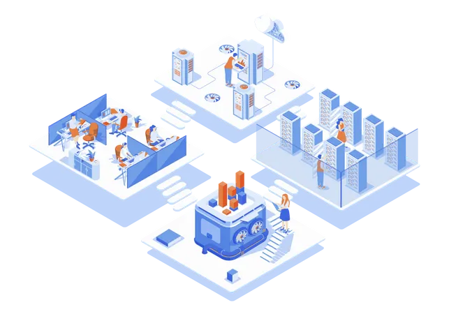 Data Center Concept 3 D Isometric Web Scene With Infographic People Work In Server Maintenance And Cloud Processing Hardware Technical Support Rooms Vector Illustration In Isometry Graphic Design Illustration