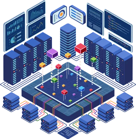 Data Center Network with Analytics Displays  Illustration