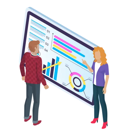 Isometric Image Of Cartoon Businessman And Businesswoman Standing Near Big Screen Tablet With Bar Chart Share Chart Team Performance Indicators Analytical Data Discussion Of Team Work Flat Image Illustration