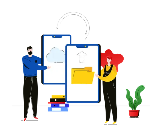 Data Exchange Flat Design Style Colorful Illustration On White Background High Quality Composition With Male Female Colleagues Office Workers Holding Smartphones Syncing With The Cloud Concept Illustration