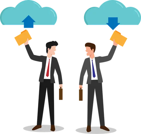 Data In The Database On The Cloud Service Businessman Holding Cloud Storage Document With Arrow Up And Downloading Cloud With Down Arrow Illustration