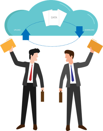 Data in the database on the cloud service Businessman holding cloud storage document with arrow up and downloading Cloud with down arrow  일러스트레이션