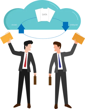Data In The Database On The Cloud Service Businessman Holding Cloud Storage Document With Arrow Up And Downloading Cloud With Down Arrow 일러스트레이션