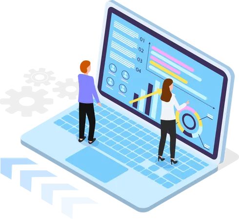 Isometric Laptop With Charts Diagram Infochart At Screen 3 D Growing Graphic Teamwork Analysis Workers Looking Financial Plan Strategy At Screen Of Laptop Businesswoman Pointing On Screen Illustration