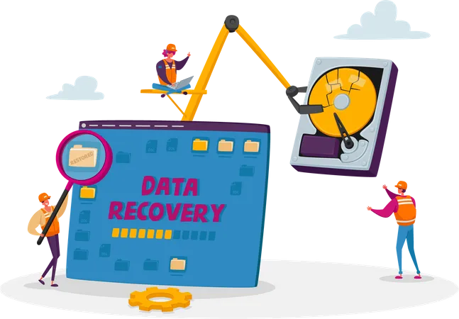Tiny Male And Female Characters In Worker Uniform And Helmets At Huge Broken Pc And Hard Disk Data Recovery Service Backup And Protection Hardware Repair Concept Cartoon People Vector Illustration Illustration