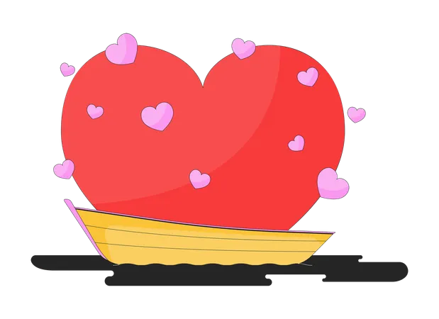 Date Night On Boat 2 D Linear Cartoon Object Honeymoon Boat Riding Isolated Line Vector Element White Background Romance On Lake Romantic Scenery Hearts Water Color Flat Spot Illustration 일러스트레이션