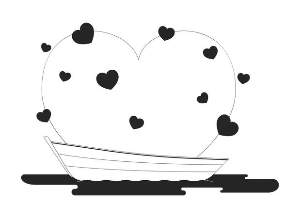 Date Night On Boat Black And White 2 D Line Cartoon Object Honeymoon Boat Riding Isolated Vector Outline Item Romance On Lake Romantic Scenery Hearts Water Monochromatic Flat Spot Illustration Illustration