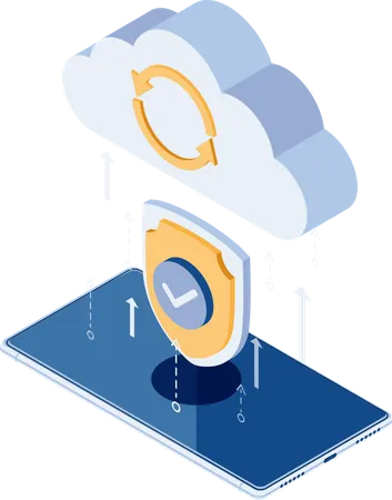 Flacher Isometrischer 3 D Cloud Computing Upload Mit Schutz Durch Sicherheitsschild Datenschutz Und Cloud Computing Sicherheitskonzept Illustration
