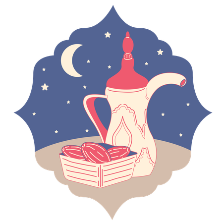 Dates and Water Pot with Moon and Stars  Illustration