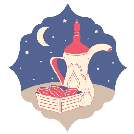Dates and Water Pot with Moon and Stars  Illustration