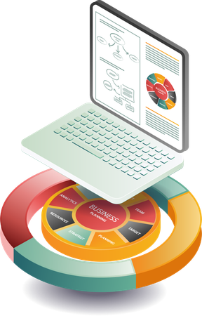 Datos de negocios en línea con gráfico circular  Ilustración