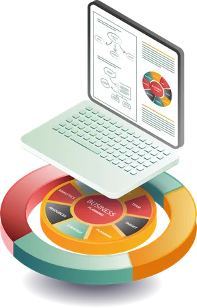 Datos de negocios en línea con gráfico circular  Ilustración