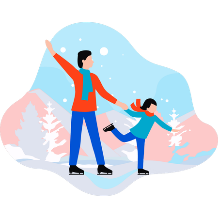 Daughter and father are ice skating  Illustration