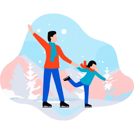 Daughter And Father Are Ice Skating Illustration