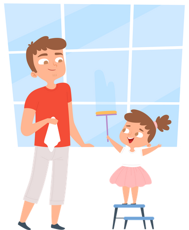 Daughter and father cleaning window together Illustration