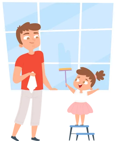 Daughter and father cleaning window together Illustration