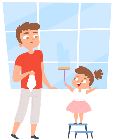 Daughter and father cleaning window together  Illustration