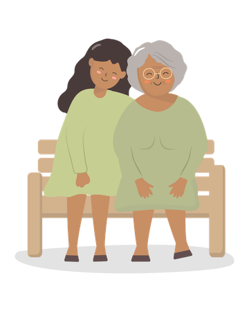 Daughter and grandmother sitting in park on wooden bench  Illustration