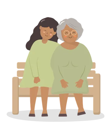 Daughter and grandmother sitting in park on wooden bench  Illustration