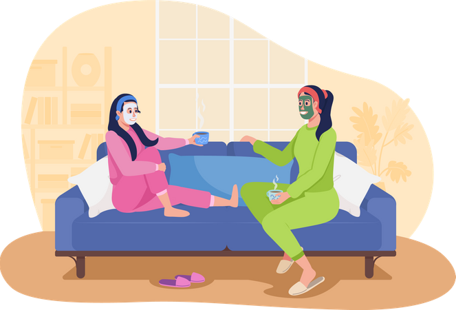 Daughter and mother apply face mask together Illustration