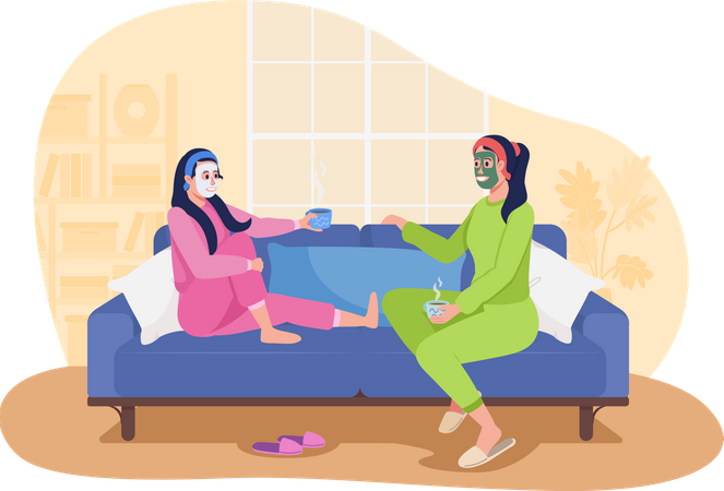 Daughter and mother apply face mask together  Illustration