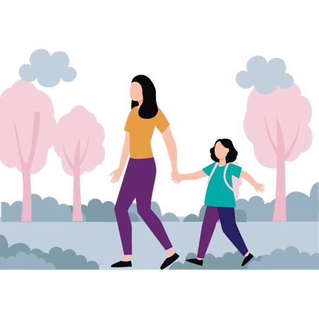 Daughter and mother are walking in the park  Illustration