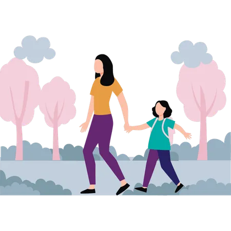 The Daughter And The Mother Are Walking In The Park Illustration