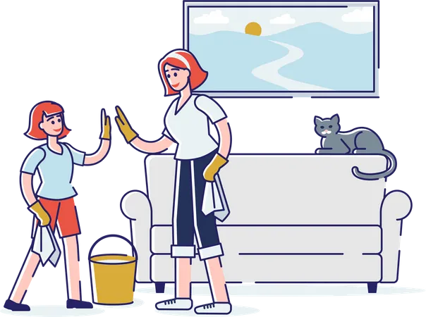 Daughter and mother cleaning home together  Illustration