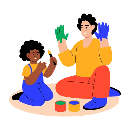 Daughter and mother painting hand  Illustration
