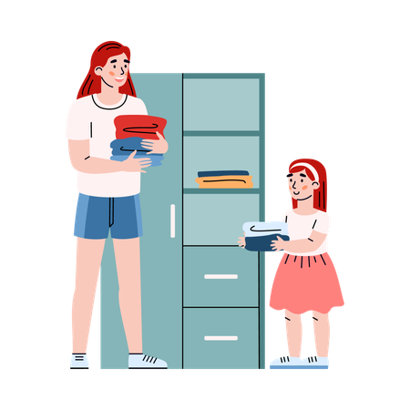 Daughter and mother putting clean clothes in wardrobe  Illustration