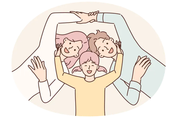 Daughter and parents smiling lying together experiencing happiness from family vacation top view Illustration