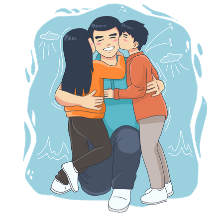 Daughter and son hugging father  Illustration