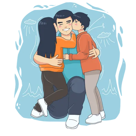Daughter and son hugging father  Illustration