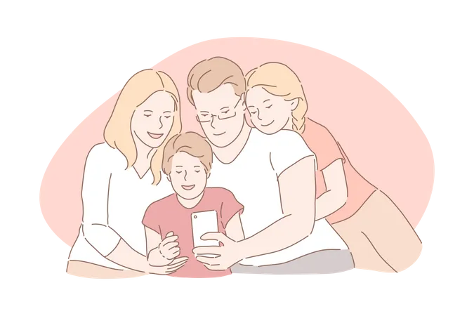 Family Bonding Happy Childhood Parenthood Concept Relatives Taking Selfie Together Capturing Important Life Moments Mother Father Daughter And Son Posing For Group Portrait Simple Flat Vector Illustration