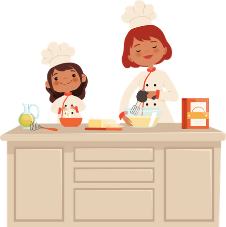 Daughter baking with mother Illustration